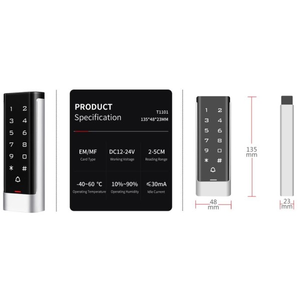 ‎T100EM touch code keyboard and 125 KHZ remote card reader for internal conditions‎