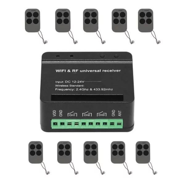 Kintamo kodo distancinio valdymo pultelio SM12 (10vnt.) ir XH-SM18-03W RF+WiFi distancinio valdymo imtuvo komplektas